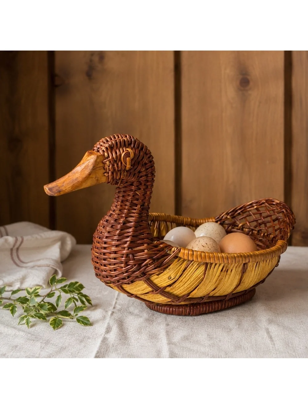 Vintage Wicker Duck Basket Woven Rattan Goose Decorative Storage Basket